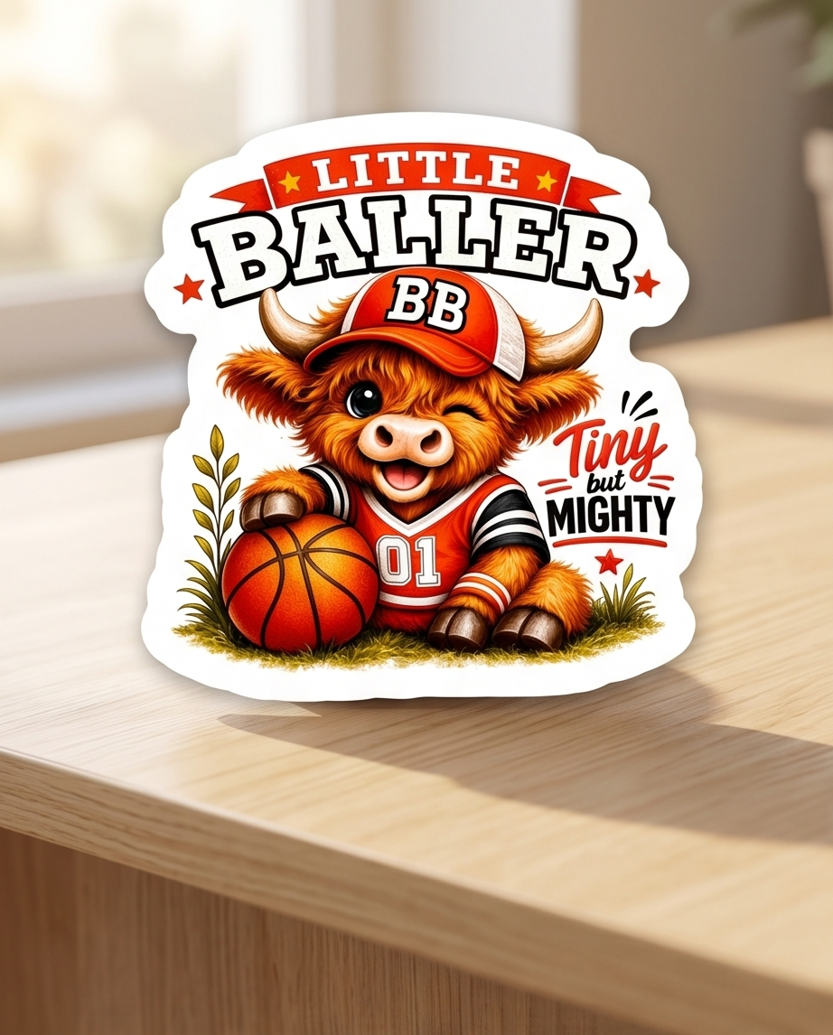 Little Baller Highland Cow Sticker – Tiny But Mighty Basketball Decal