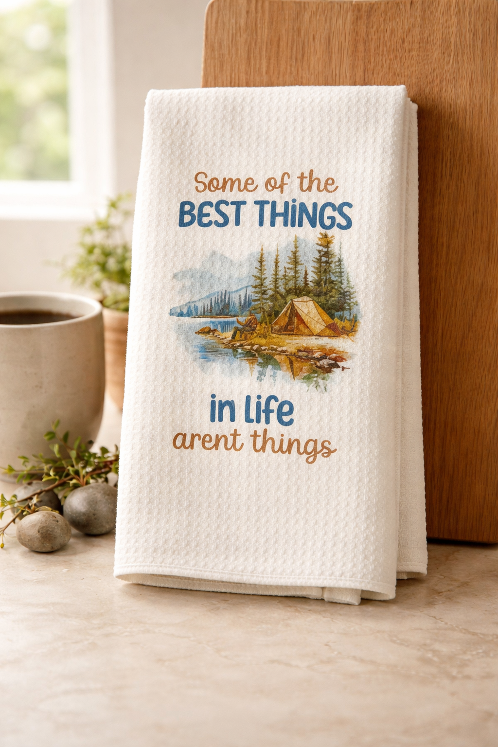 🌄🏕️ Title: The Best Things in Life Aren’t Things Camping Towel 🌲✨