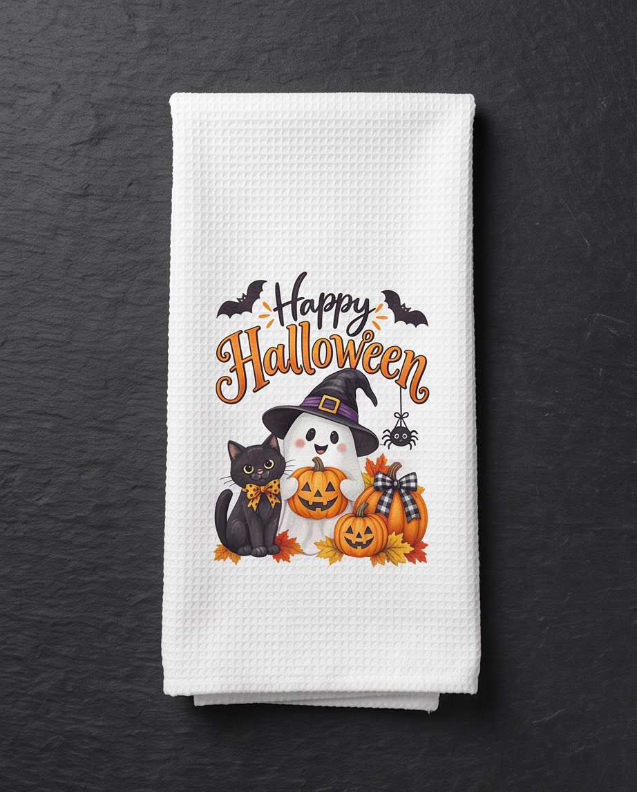 Happy Halloween Kitchen Towel – Cute Ghost, Black Cat & Pumpkin Fall Décor