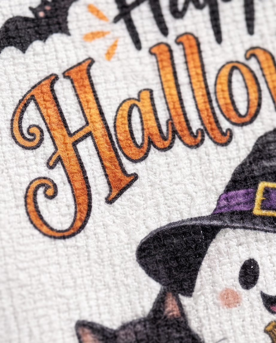 Happy Halloween Kitchen Towel – Cute Ghost, Black Cat & Pumpkin Fall Décor