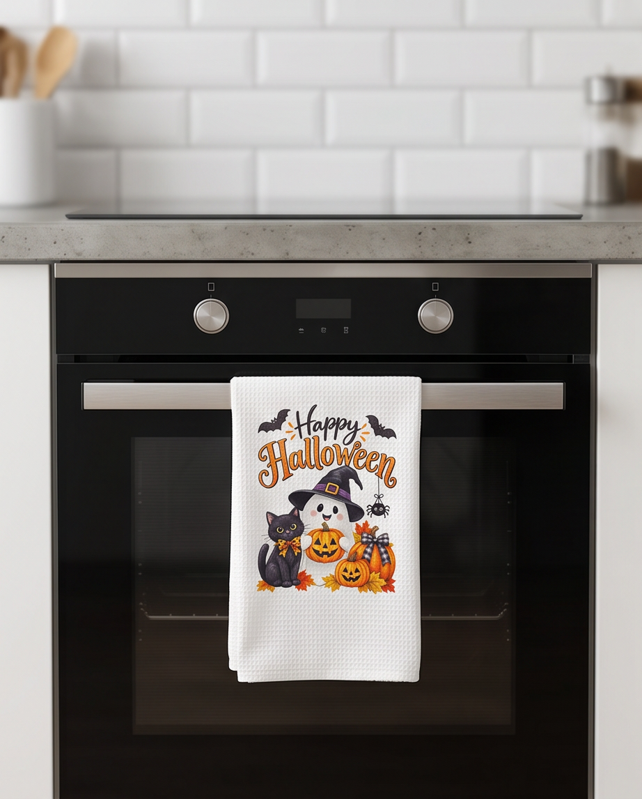 Happy Halloween Kitchen Towel – Cute Ghost, Black Cat & Pumpkin Fall Décor