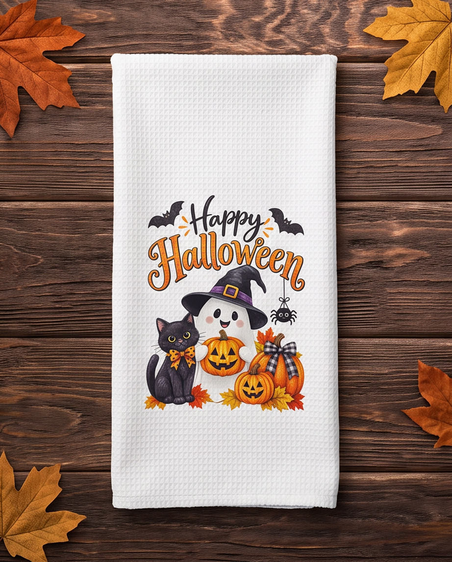 Happy Halloween Kitchen Towel – Cute Ghost, Black Cat & Pumpkin Fall Décor