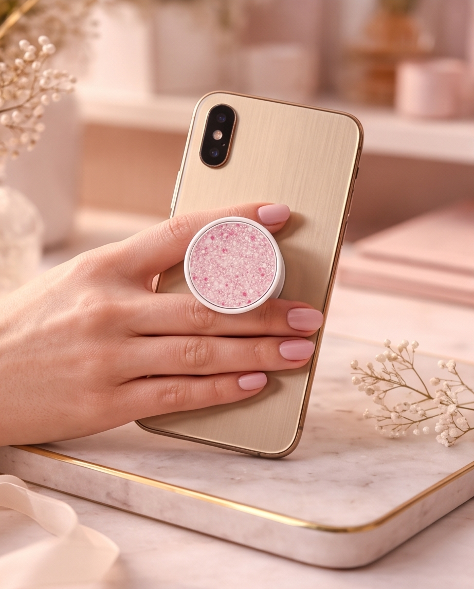 Pink Glitter Phone Grip | Blush Pink Sparkle Phone Holder | Glitter Look Phone Accessory | Cute Pink Gift for Her