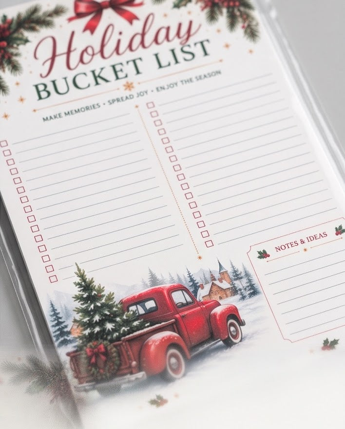 Holiday Bucket List Notepad – Festive 5×8 Christmas Planner Pad with Vintage Red Truck Design