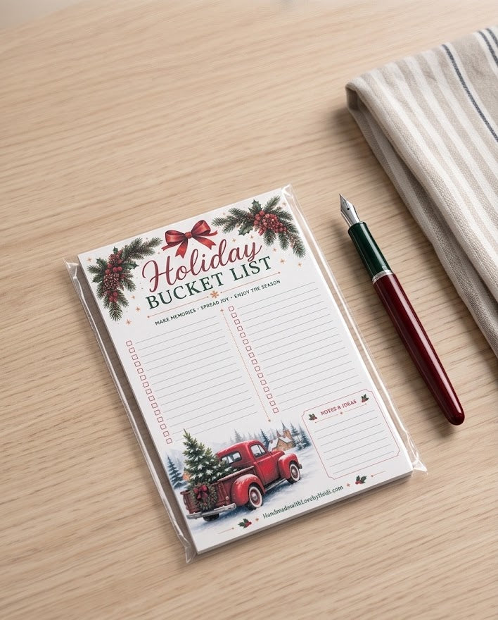 Holiday Bucket List Notepad – Festive 5×8 Christmas Planner Pad with Vintage Red Truck Design