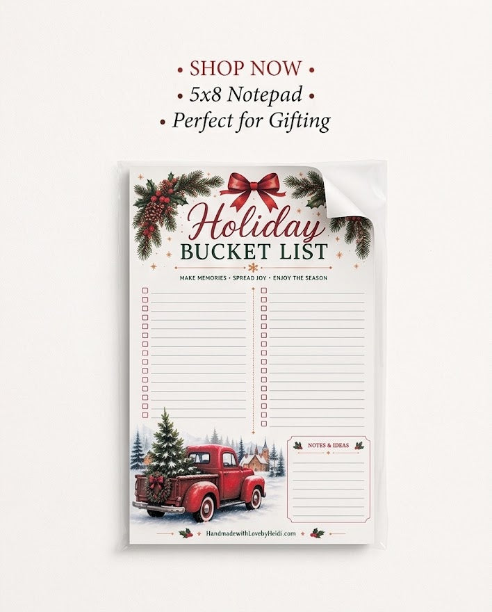 Holiday Bucket List Notepad – Festive 5×8 Christmas Planner Pad with Vintage Red Truck Design