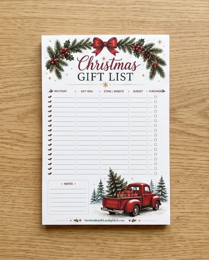 Christmas Gift List Notepad – Festive Holiday Planner Pad with Vintage Red Truck Design