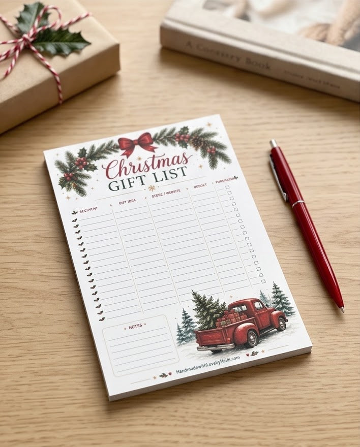 Christmas Gift List Notepad – Festive Holiday Planner Pad with Vintage Red Truck Design