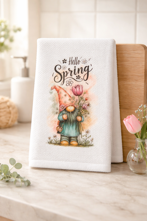 Hello Spring Gnome Kitchen Towel 🌷🧡✨