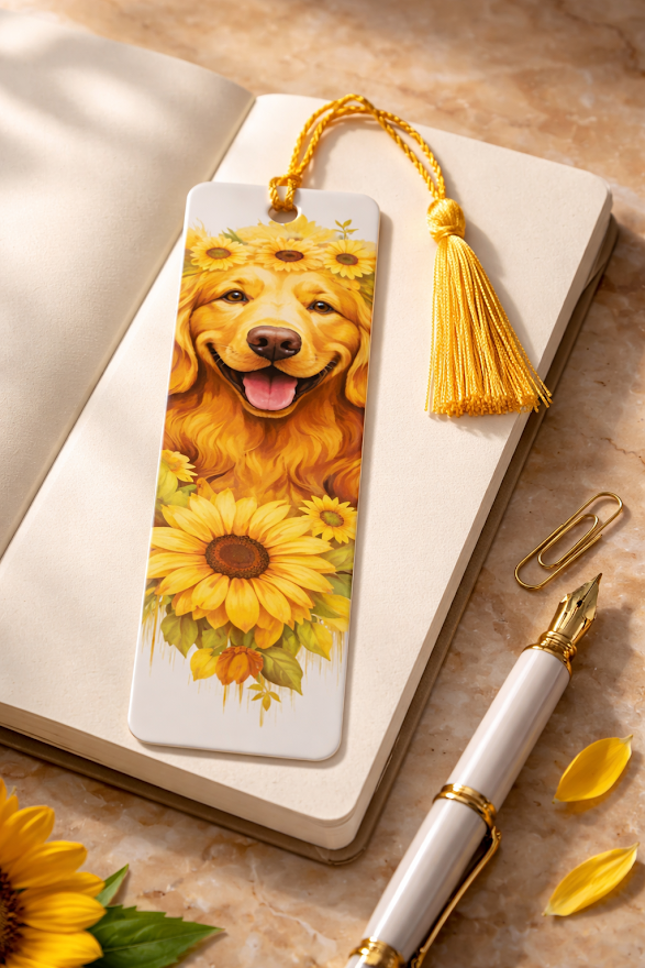 Sunflower Smiles Golden Retriever Bookmark ✨🐾📚