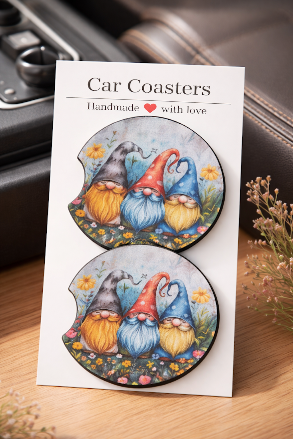 Garden Gnome Trio Car Coasters ✨🌿🚗