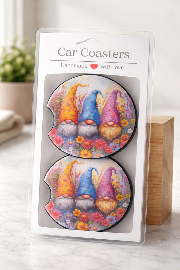 Blooming Gnome Trio Car Coasters ✨🌿🚗