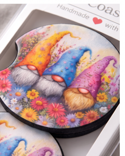 Blooming Gnome Trio Car Coasters ✨🌿🚗