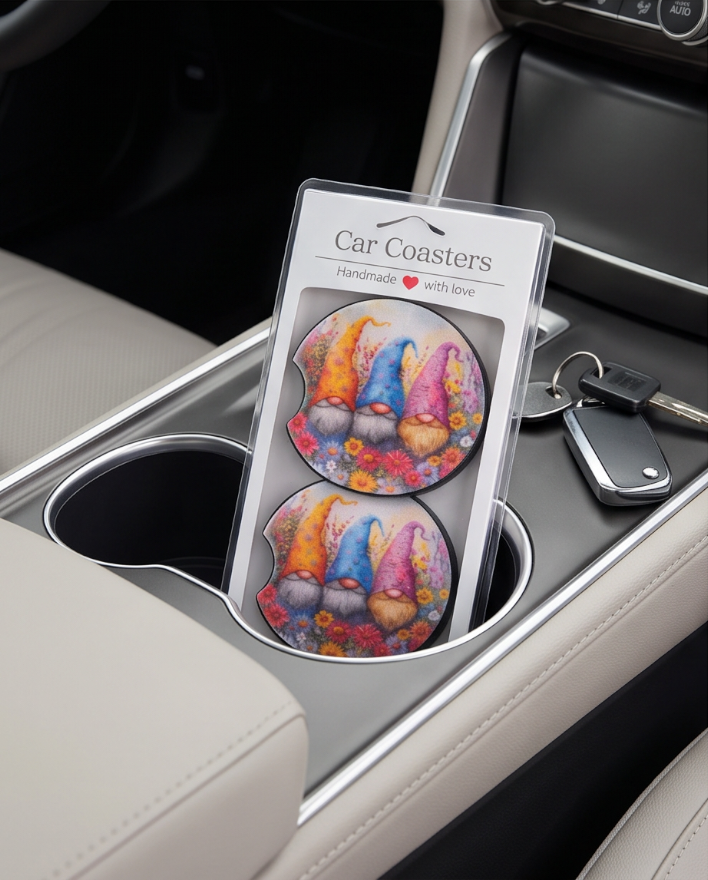 Blooming Gnome Trio Car Coasters ✨🌿🚗