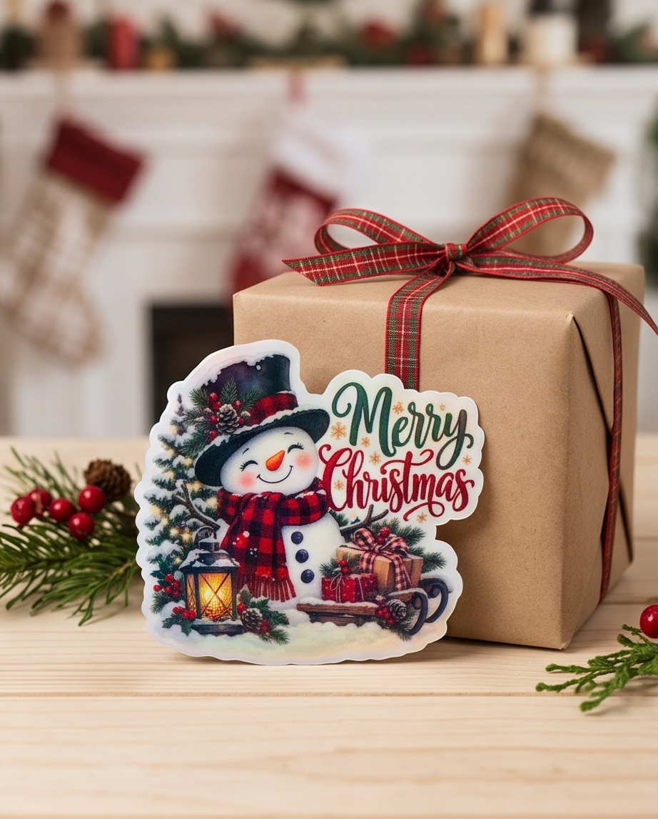 Merry Christmas Snowman Sticker | 3 Inch Laminated Waterproof Christmas Sticker | Holiday Winter Decal | Christmas Gift