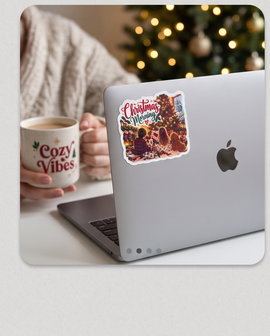 Christmas Morning Sticker | 3 Inch Laminated Holiday Sticker | Kids and Dog Christmas Tree Decal | Cozy Christmas Gift | Stocking Stuffer