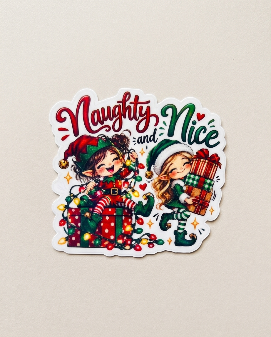 Naughty and Nice Christmas Elf Sticker | 3 Inch Laminated Holiday Sticker | Cute Christmas Elves with Presents | Stocking Stuffer Gift