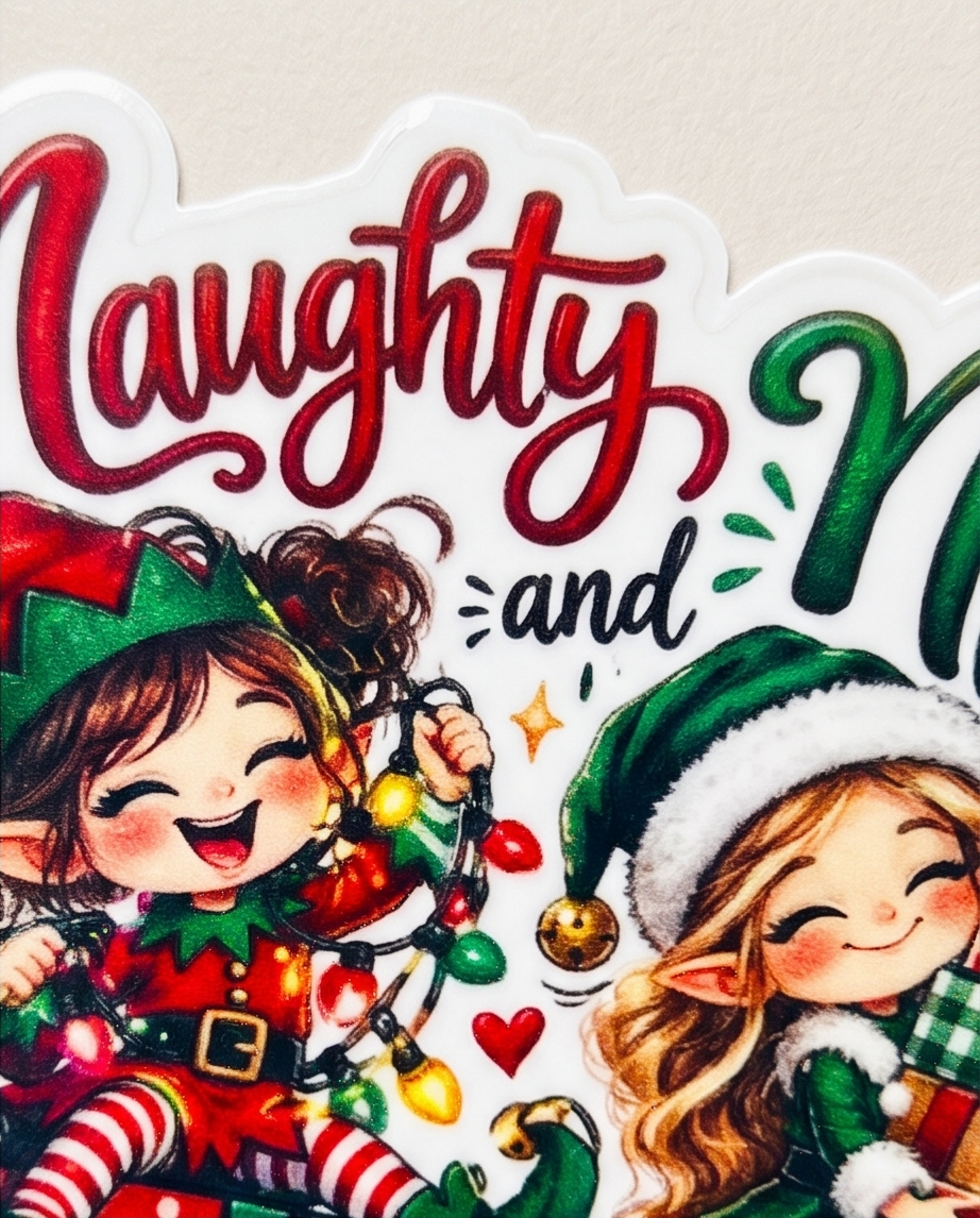 Naughty and Nice Christmas Elf Sticker | 3 Inch Laminated Holiday Sticker | Cute Christmas Elves with Presents | Stocking Stuffer Gift