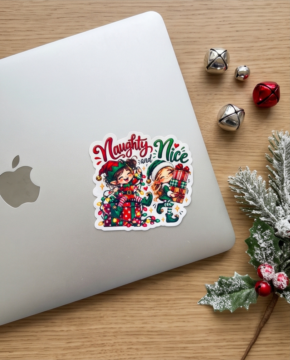 Naughty and Nice Christmas Elf Sticker | 3 Inch Laminated Holiday Sticker | Cute Christmas Elves with Presents | Stocking Stuffer Gift