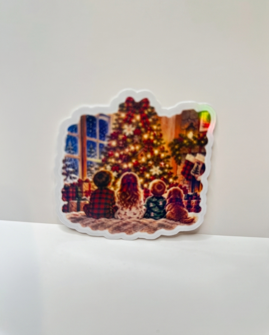 Christmas Tree Family Sticker | 3 Inch Laminated Christmas Sticker | Cozy Holiday Kids and Dog Decal | Christmas Memories | Stocking Stuffer