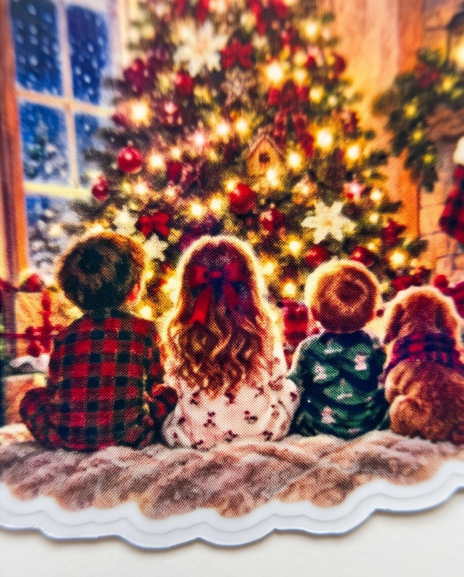 Christmas Tree Family Sticker | 3 Inch Laminated Christmas Sticker | Cozy Holiday Kids and Dog Decal | Christmas Memories | Stocking Stuffer