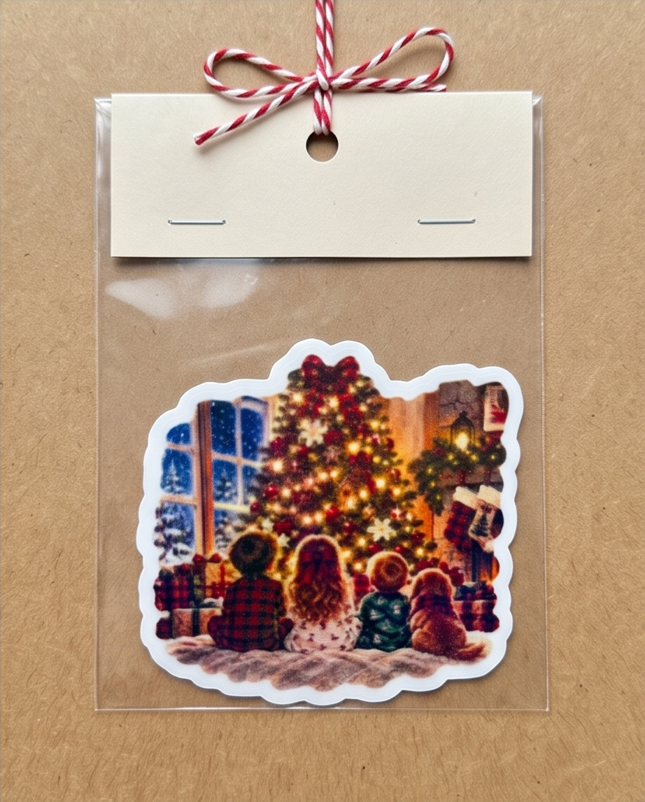 Christmas Tree Family Sticker | 3 Inch Laminated Christmas Sticker | Cozy Holiday Kids and Dog Decal | Christmas Memories | Stocking Stuffer