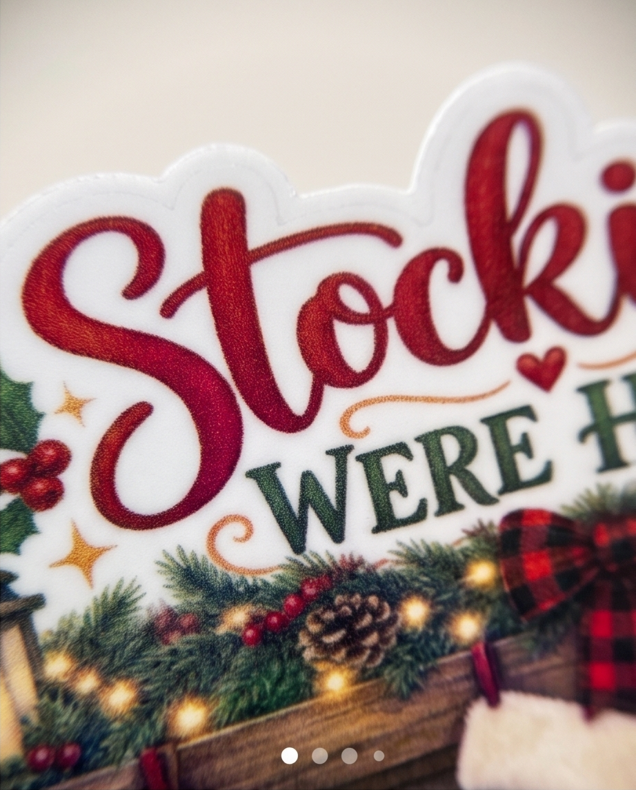 Christmas Stockings Were Hung Sticker | 4x3 Laminated Christmas Sticker | Cozy Fireplace Holiday Decal | Buffalo Plaid Christmas Decor