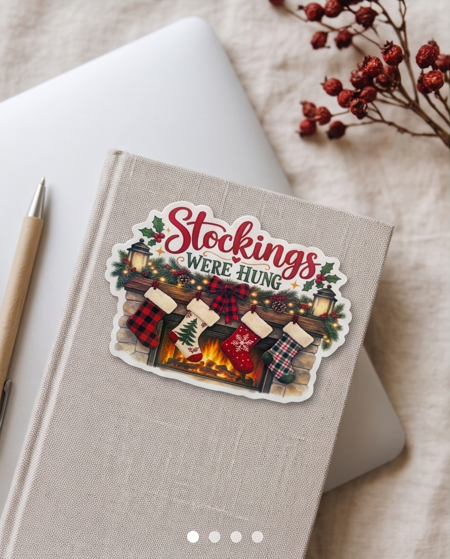 Christmas Stockings Were Hung Sticker | 4x3 Laminated Christmas Sticker | Cozy Fireplace Holiday Decal | Buffalo Plaid Christmas Decor