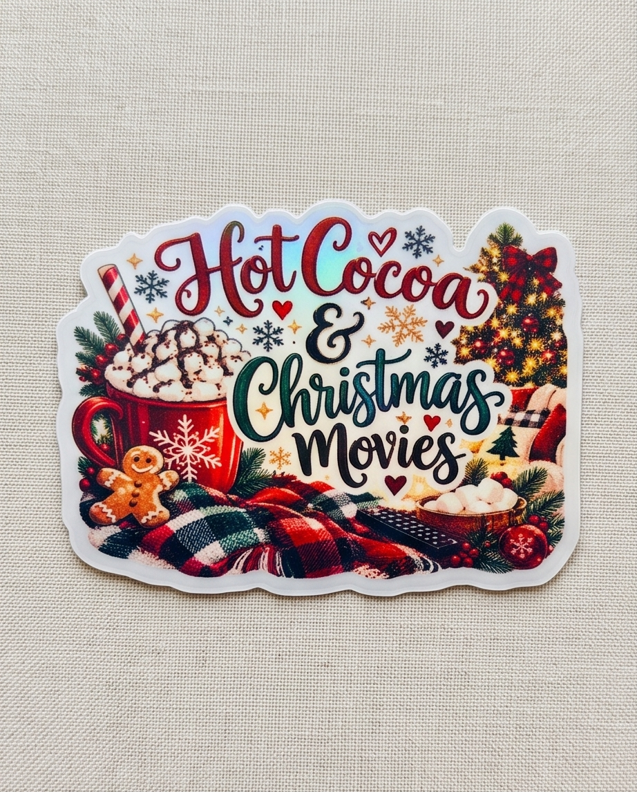 Hot Cocoa and Christmas Movies Sticker | 4x3 Laminated Holiday Sticker | Cozy Winter Decal | Christmas Movie Night Gift | Stocking Stuffer