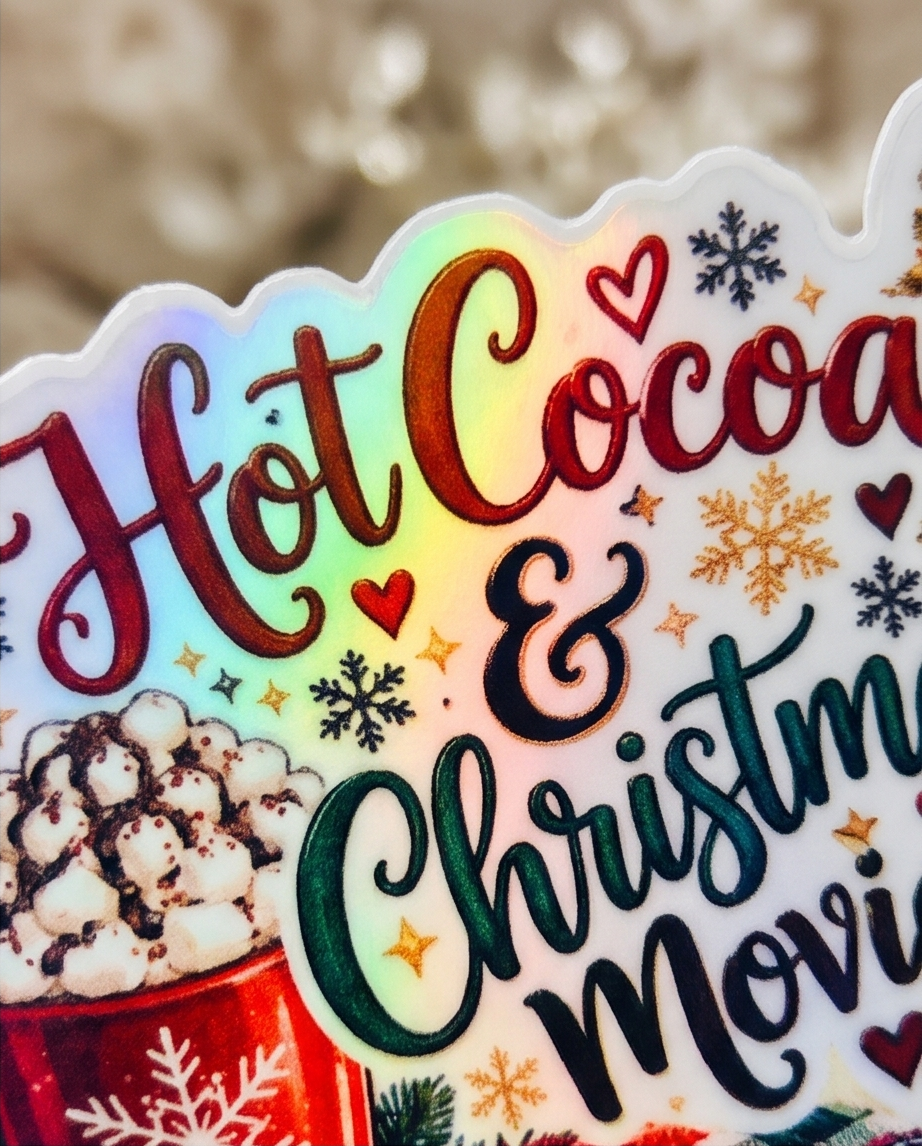 Hot Cocoa and Christmas Movies Sticker | 4x3 Laminated Holiday Sticker | Cozy Winter Decal | Christmas Movie Night Gift | Stocking Stuffer