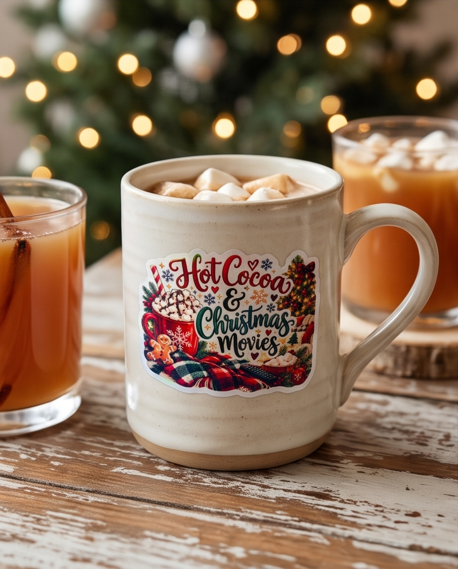 Hot Cocoa and Christmas Movies Sticker | 4x3 Laminated Holiday Sticker | Cozy Winter Decal | Christmas Movie Night Gift | Stocking Stuffer