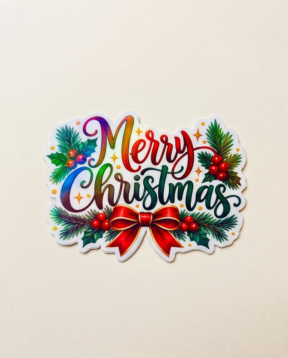 Merry Christmas Sticker | 4x3 Laminated Holiday Sticker | Colorful Christmas Lettering with Holly Berries