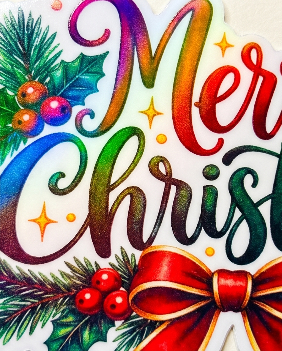 Merry Christmas Sticker | 4x3 Laminated Holiday Sticker | Colorful Christmas Lettering with Holly Berries