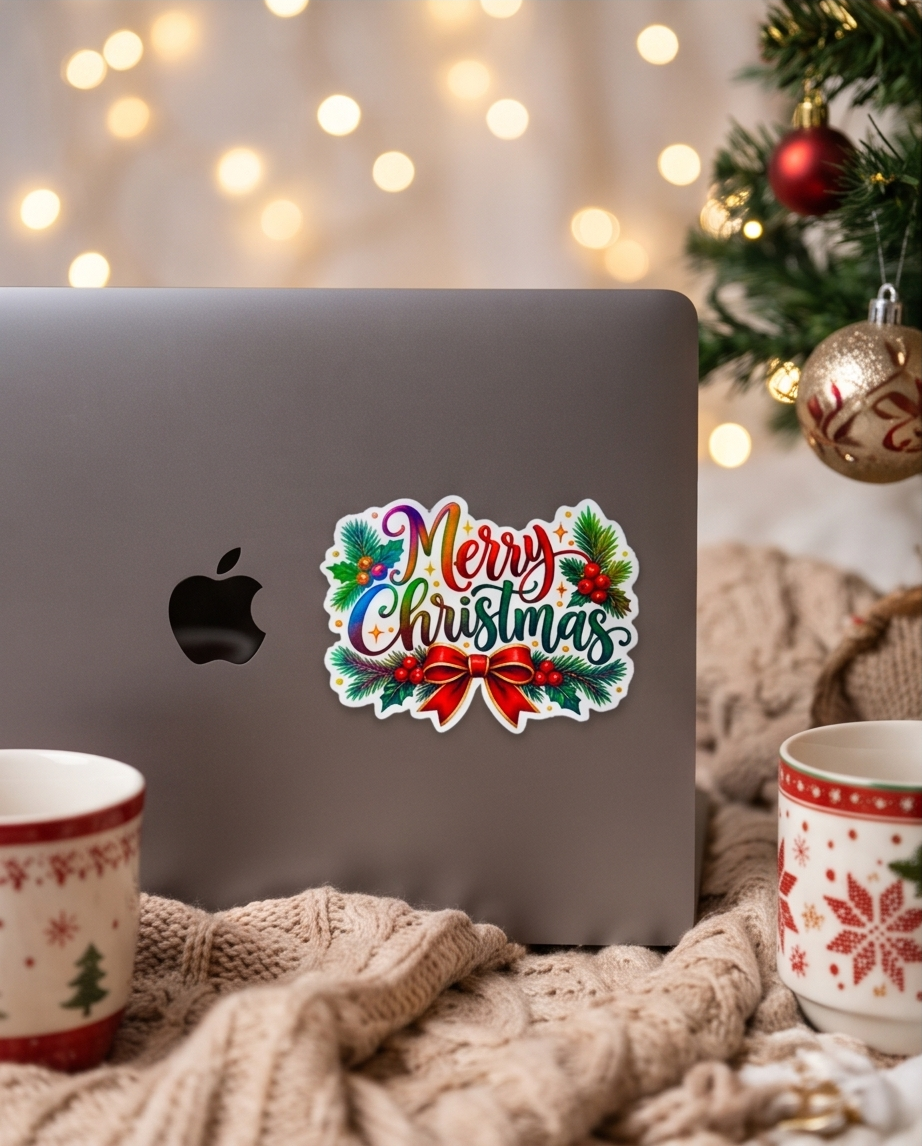 Merry Christmas Sticker | 4x3 Laminated Holiday Sticker | Colorful Christmas Lettering with Holly Berries