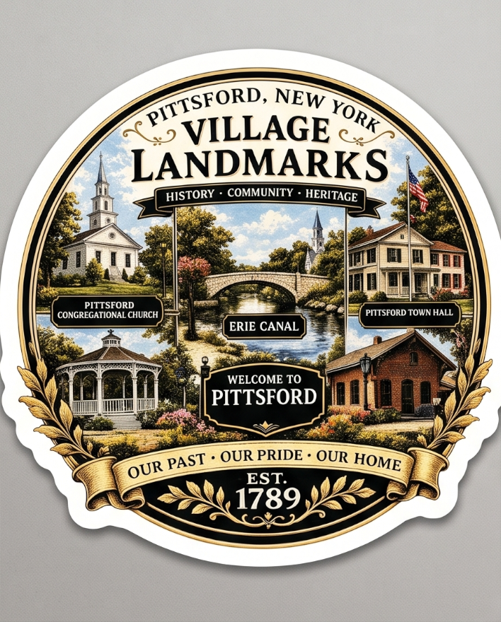 Pittsford New York 3-Inch Sticker – Village Landmarks Heritage Design