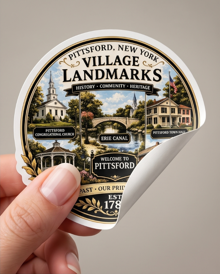 Pittsford New York 3-Inch Sticker – Village Landmarks Heritage Design
