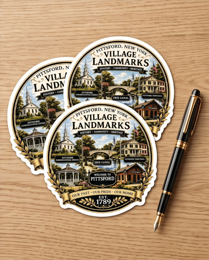 Pittsford New York 3-Inch Sticker – Village Landmarks Heritage Design