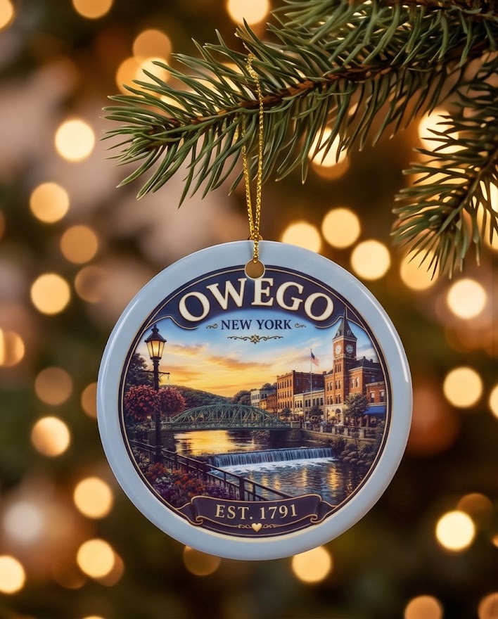 Owego New York Riverfront Ceramic Ornament – 3" Round Village Skyline Keepsake