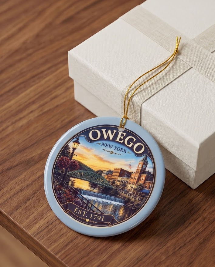 Owego New York Riverfront Ceramic Ornament – 3" Round Village Skyline Keepsake
