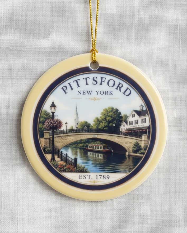 Pittsford New York Bridge Ceramic Ornament – 3" Round Canal Village Keepsake