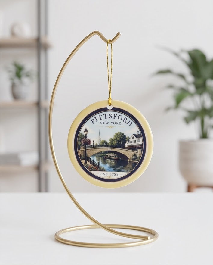 Pittsford New York Bridge Ceramic Ornament – 3" Round Canal Village Keepsake