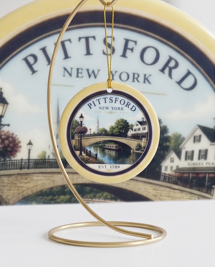 Pittsford New York Bridge Ceramic Ornament – 3" Round Canal Village Keepsake