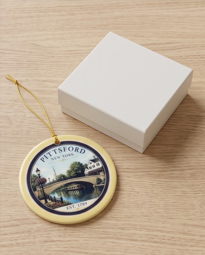 Pittsford New York Bridge Ceramic Ornament – 3" Round Canal Village Keepsake