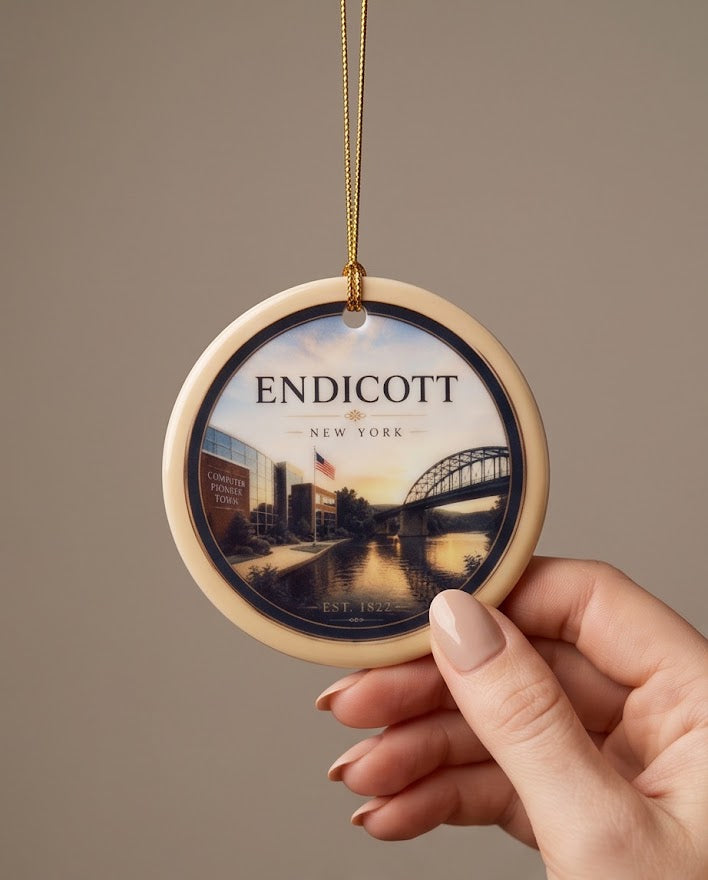 Endicott New York Ceramic Ornament – 3" Round Computer Pioneer Town Keepsake