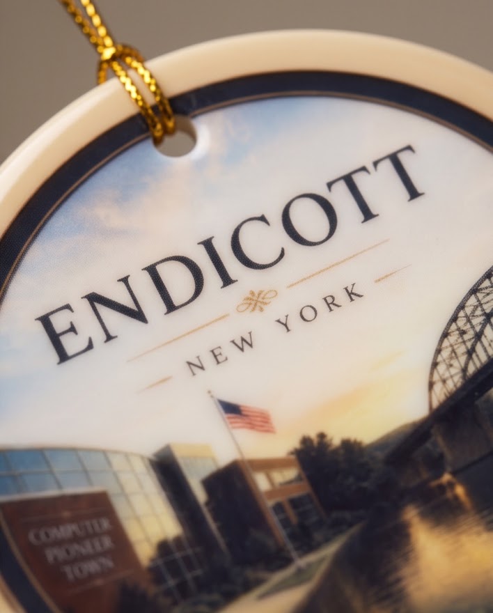 Endicott New York Ceramic Ornament – 3" Round Computer Pioneer Town Keepsake