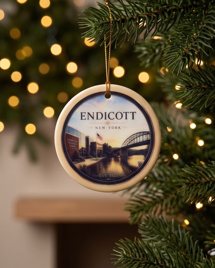 Endicott New York Ceramic Ornament – 3" Round Computer Pioneer Town Keepsake
