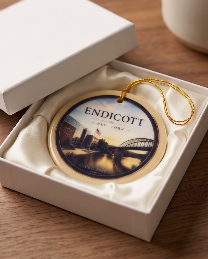 Endicott New York Ceramic Ornament – 3" Round Computer Pioneer Town Keepsake