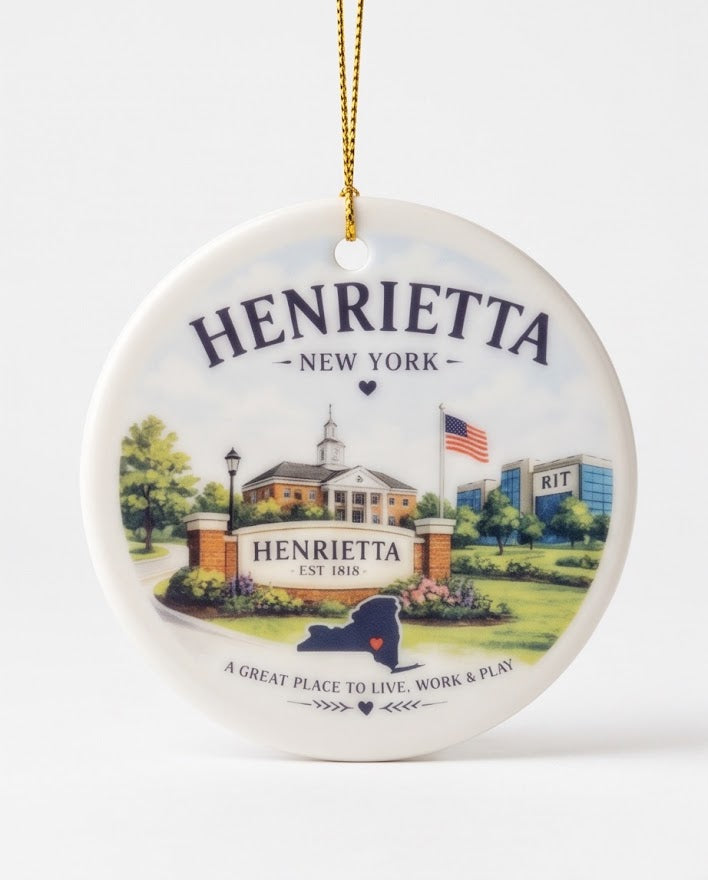 Henrietta New York Ceramic Ornament – 3" Round Town Landmark Keepsake