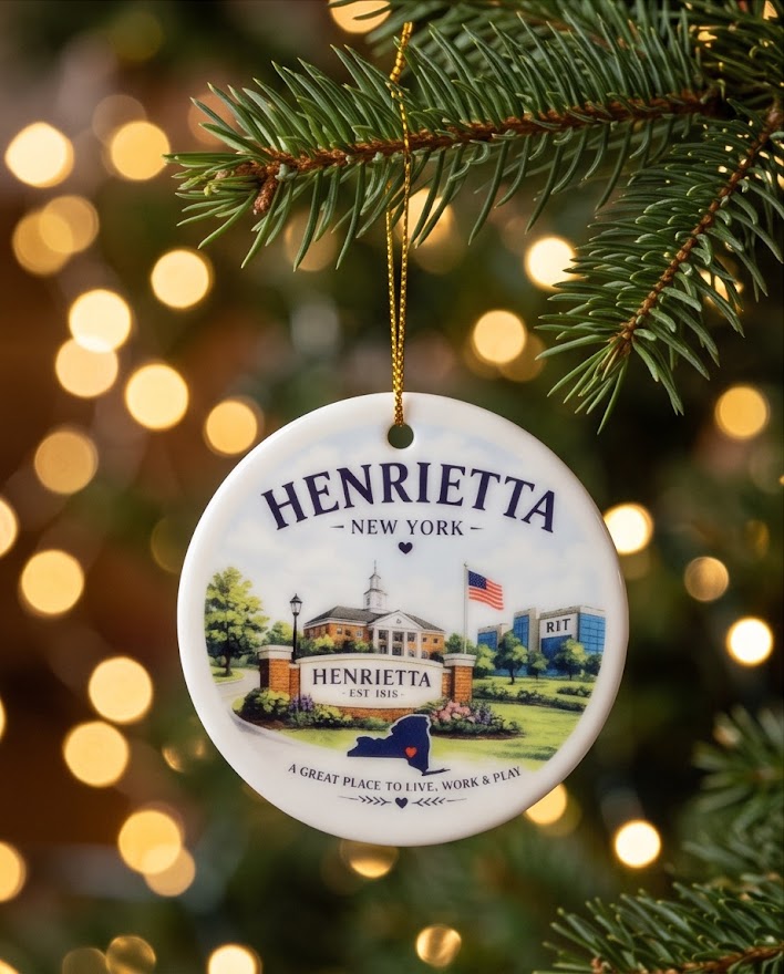 Henrietta New York Ceramic Ornament – 3" Round Town Landmark Keepsake