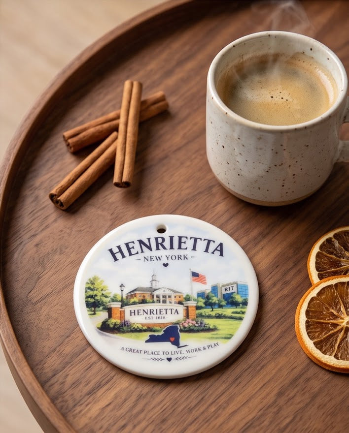 Henrietta New York Ceramic Ornament – 3" Round Town Landmark Keepsake